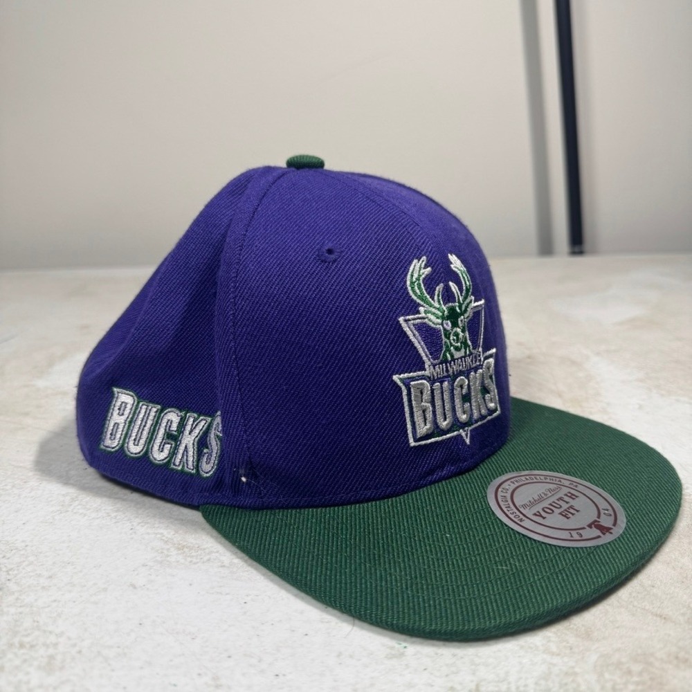Mitchell & Ness Milwaukee Bucks Youth Snapback Hat Purple Green NBA Cap